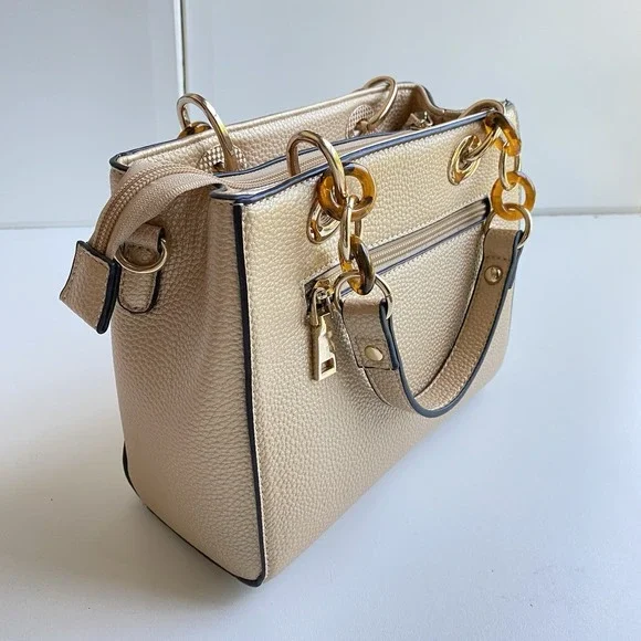 Women's Tan Crossbody Hand Satchel Chained Handle Faux‎ Leather Purse Bag Gold - Picture 2 of 8